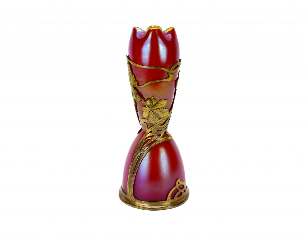 Jugendstil glass vase made by Schliersee executed in Aspasia decor with a brass mount