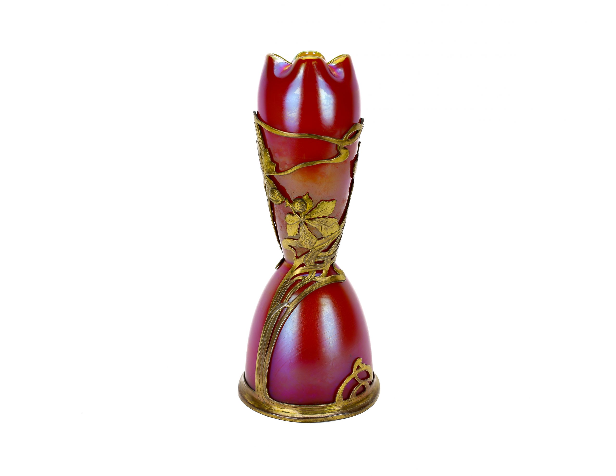 4 Jugendstil glass vase made by Schliersee executed in Aspasia decor with a brass mount
