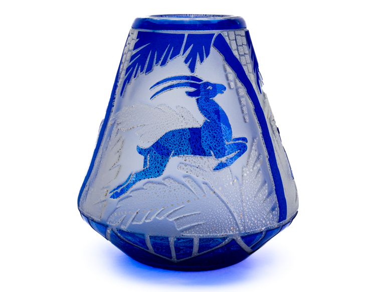 Muller Freres Luneville Art Deco Gazelle vase achid etched first-1