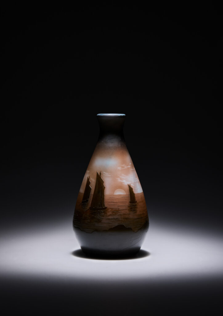 Argental Paul Nicolas Art Deco vase with a coastal landscape with sailboats at dusk vase