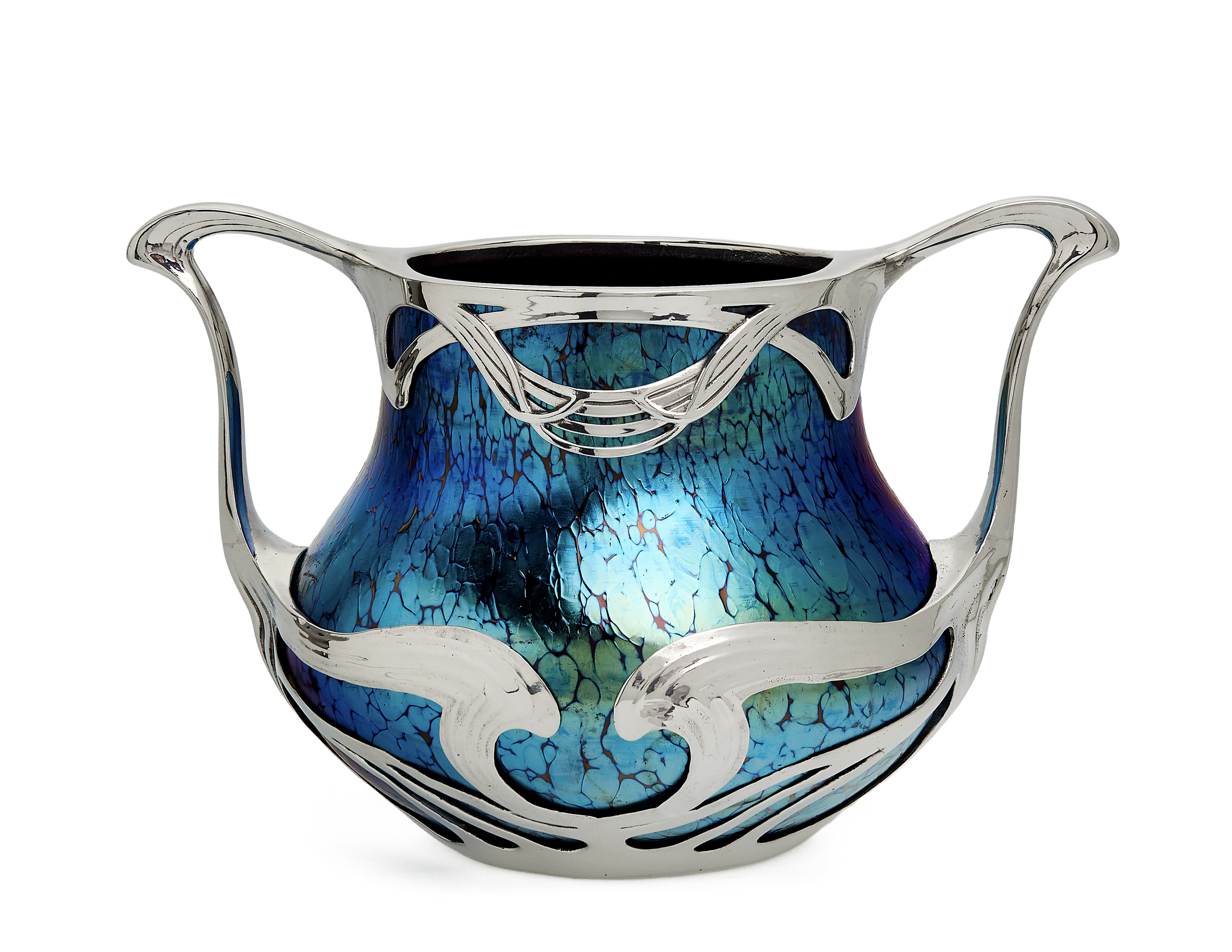 Johann-Loetz-Witwe-Boudon-Klahr-Paris-Ruby-Papillon-Vase-Pewter-Mount-First-1 Ruby Papillon vase by Johann Loetz Witwe, commissioned by Boudon & Klähr in Paris, featuring a polished pewter mount.
