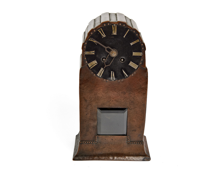 Jugendstil-Clock-Lenzkirch-One-Million-Copper-First-1 Jugendstil mantel clock with a hand-hammered copper case, featuring an 8-day Lenzkirch movement marked '1 Million' and a striking bell mechanism