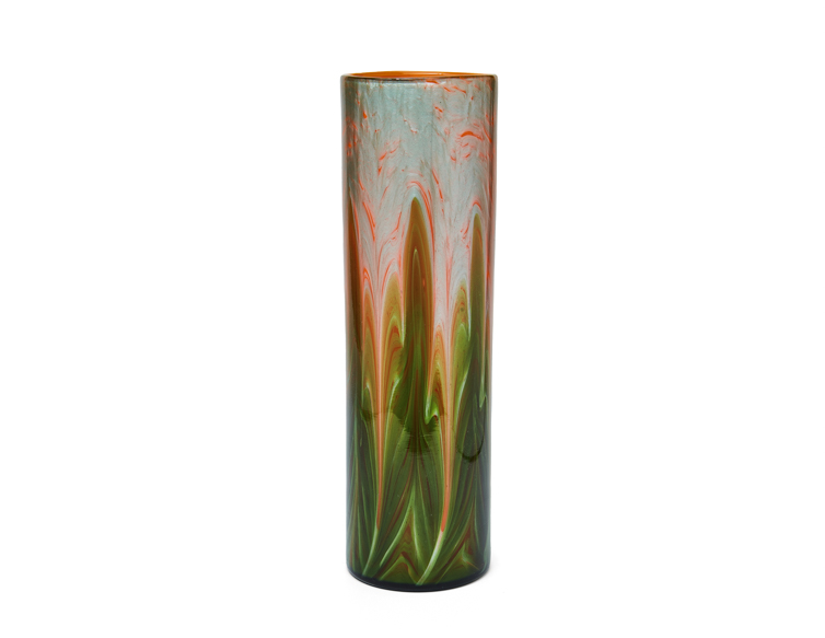 Johann-Loetz-Witwe-Jugendstil-Vase-Leopold-Bauer-Titania-Gre-4212-First (1 van 1) Jugendstil vase by Johann Loetz Witwe, Titania Genre 4212, designed by Leopold Bauer, blown in opal orange with leaf green glass