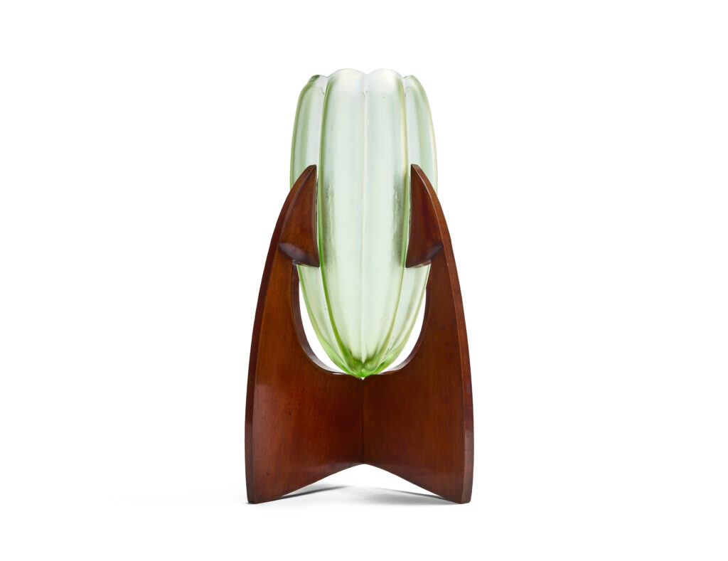 Josef Hoffmann Vase im Holzgestell in Olympia-decor by Johann Loetz Witwe for E. Bakalowits Söhne, c. 1900
