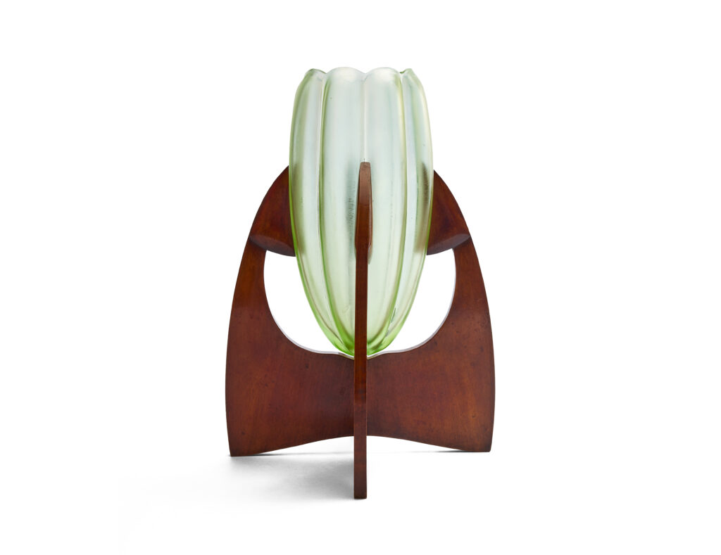 Josef Hoffmann Vase im Holzgestell in Olympia-decor by Johann Loetz Witwe for E. Bakalowits Söhne, c. 1900