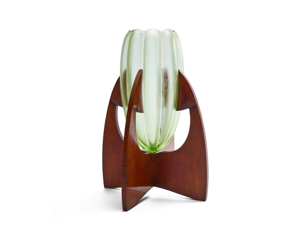 Josef Hoffmann Vase im Holzgestell in Olympia-decor by Johann Loetz Witwe for E. Bakalowits Söhne, c. 1900