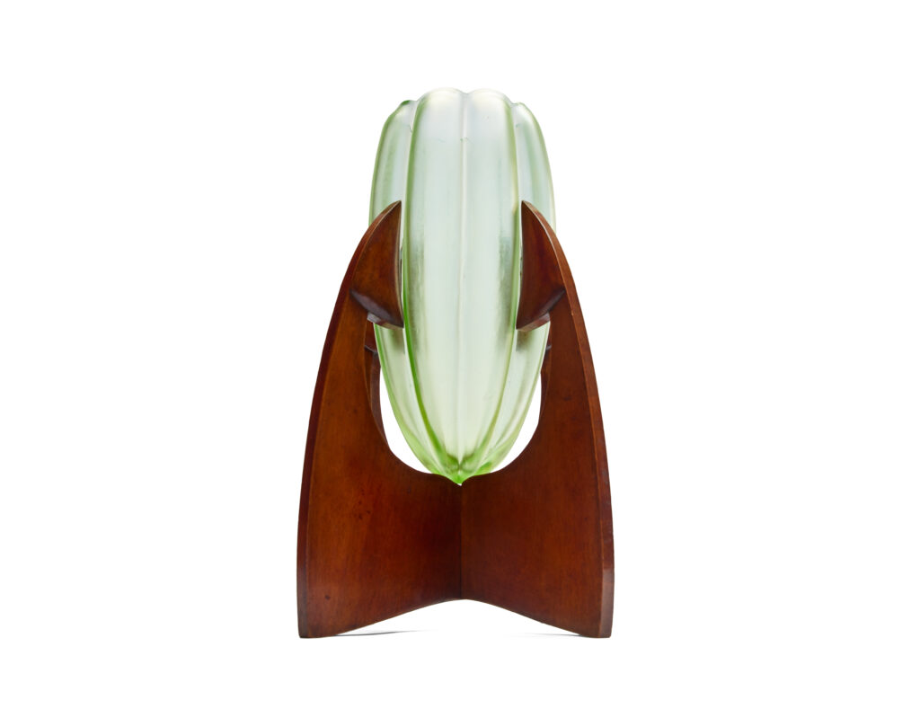 Josef Hoffmann Vase im Holzgestell in Olympia-decor by Johann Loetz Witwe for E. Bakalowits Söhne, c. 1900