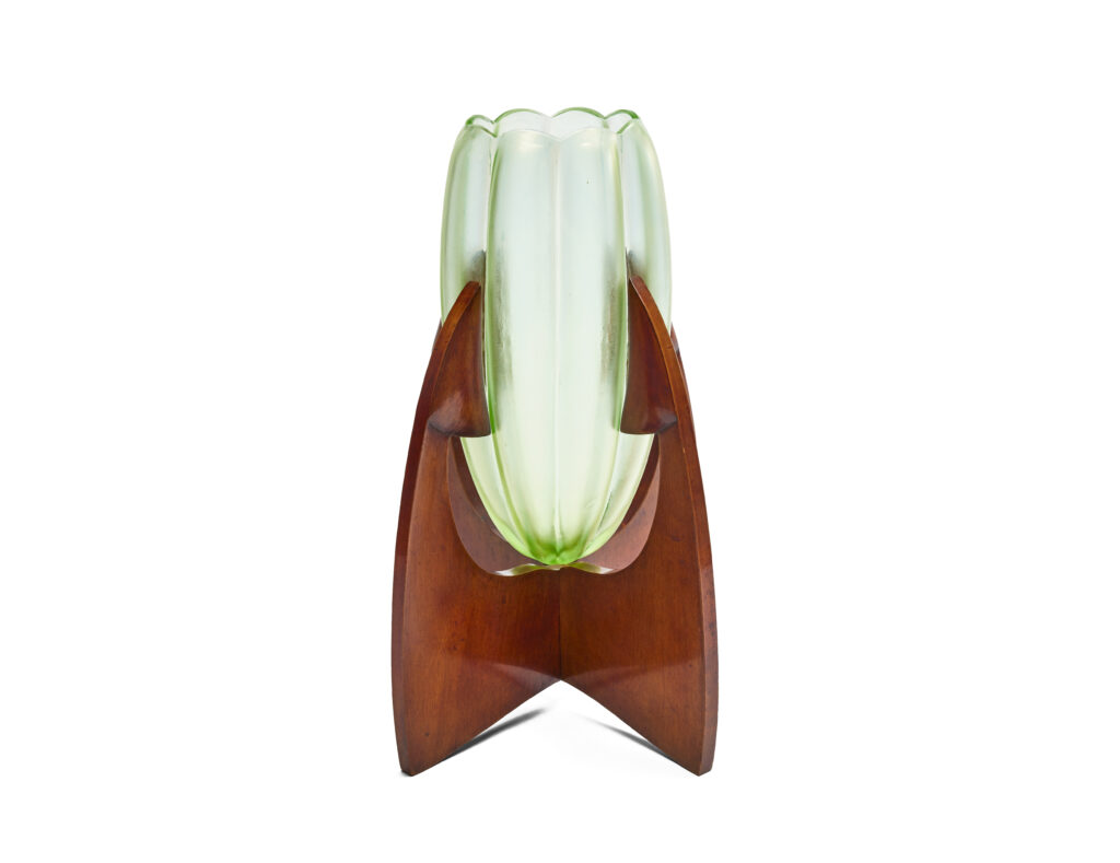 Josef Hoffmann Vase im Holzgestell in Olympia-decor by Johann Loetz Witwe for E. Bakalowits Söhne, c. 1900