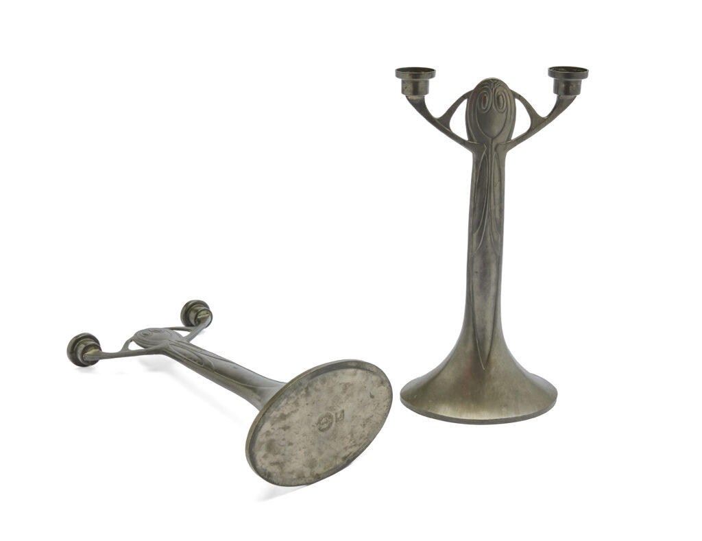 Pair of Jugendstil candlesticks designed by Josef Maria Olbrich and executed by Eduard Hueck in pewter, c. 1902